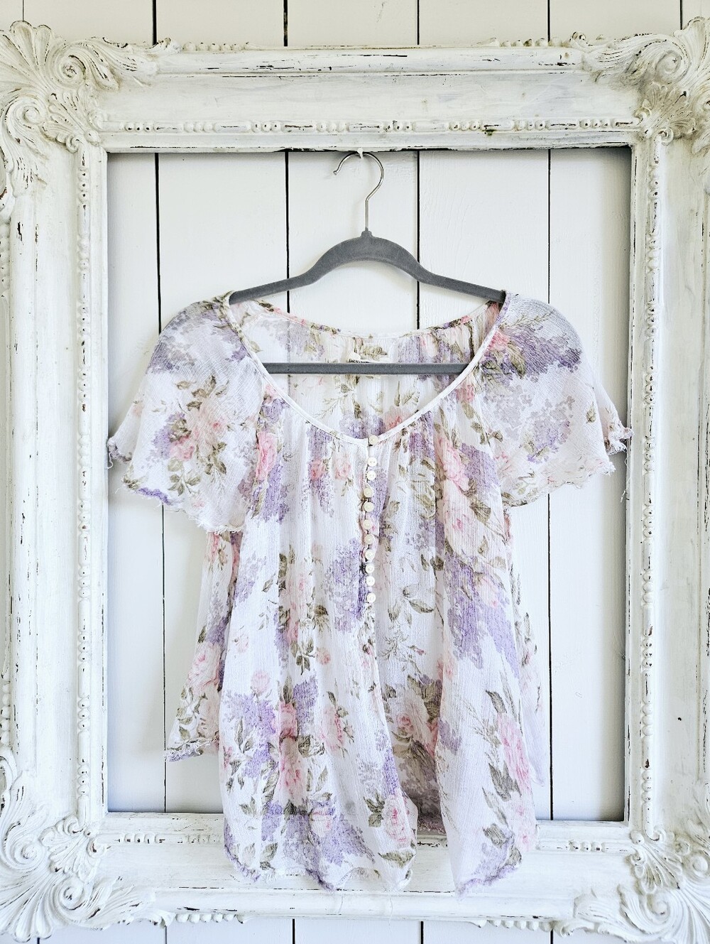 Ralph Lauren Denim & Supply Tattered Floral Blouse Size L Sheer Gauze